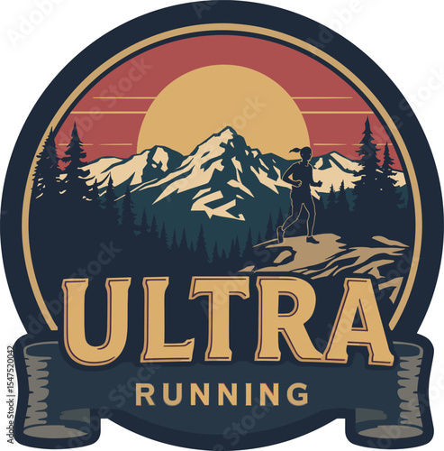 Female runner silhouette on rocky trail with snowy mountains and red-orange sun in the background, in a vintage ultra running badge design.
