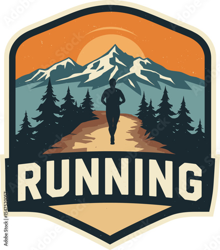 Runner silhouette on a mountain trail surrounded by pine trees and snow peaks, in a clean and modern vintage badge vector design