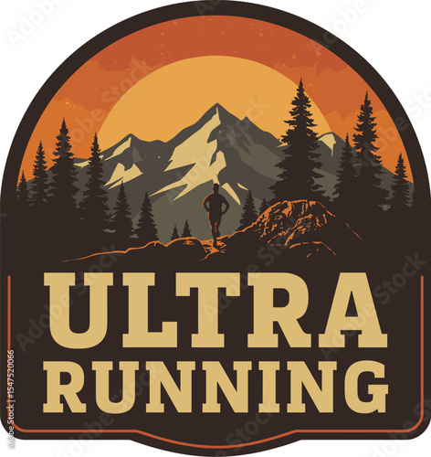 Silhouette of an ultra runner on a rocky trail with dramatic mountains and tall pine trees at sunset, in a bold vintage badge illustration