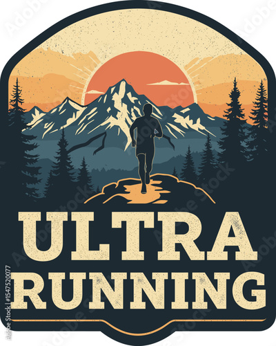 Ultra runner silhouette on a rocky trail with snow-capped peaks and forest trees at bright orange sunrise, in a vintage vector badge style.