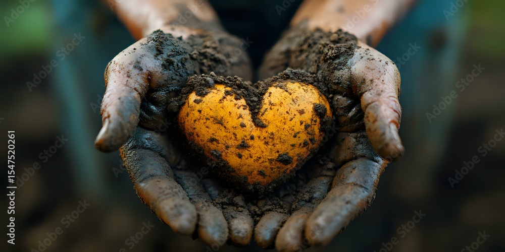 Dirty hands holding heart-shaped yellow potato fresh from garden soil, symbolizing love for farming and organic food growing. For agriculture and gardening concepts. Dirty hands holding heart-shaped yellow potato fresh from garden soil, symbolizing love for farming and organic food growing. For agriculture and gardening concepts.