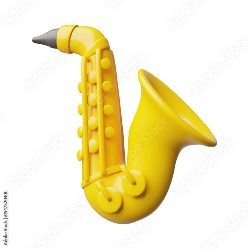 Saxophone 3D plastic style icon, realistic wind brass horn music instrument vector render illustration, jazz or blues