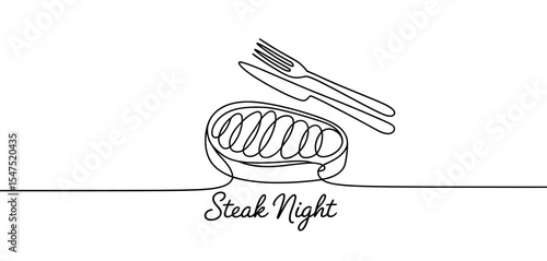 Steak Night Continuous Line Art Illustration