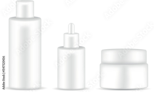 White 3D cosmetic mockups: toner bottle, closed dropper serum, and cream jar packaging