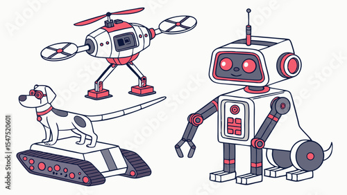 Cute Cartoon Robotic Characters Flying Drone Tank Dog Robot and Sitting Humanoid Robot Illustration Design Set.