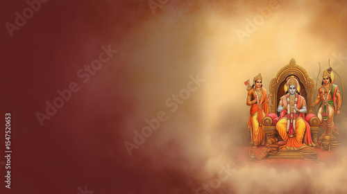 ram darbar, Rama and Sita sitting on throne with Lakshmana and Hanuman standing respectfully, maroon to gold gradient background