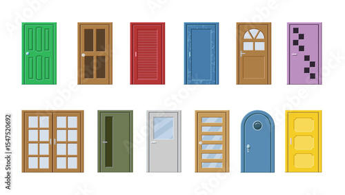 Colorful entrance doorway doors. Ornate wooden classic door set, interior decor isolated vector illustration