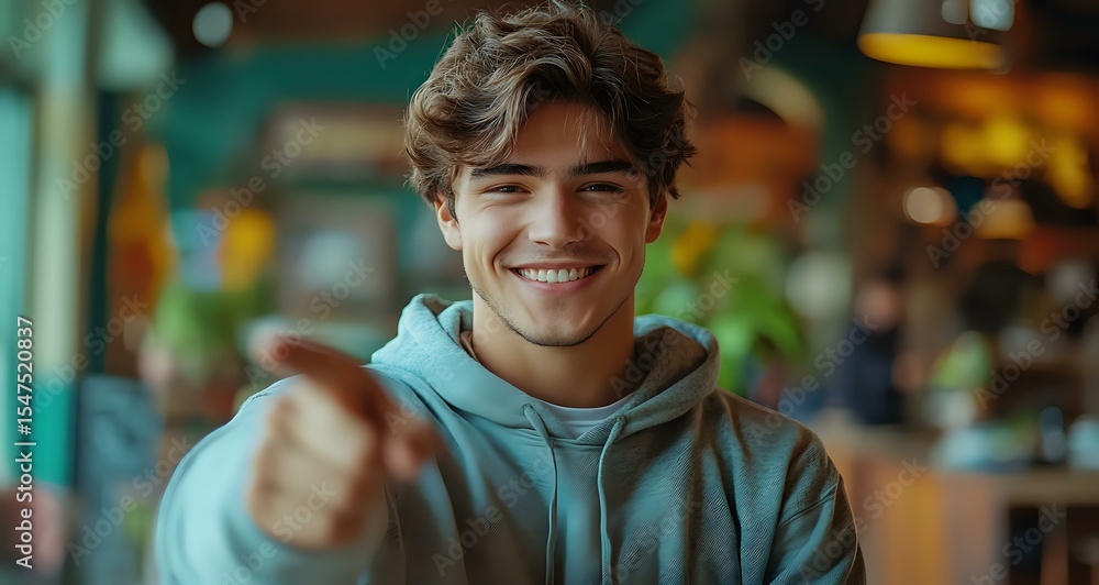 Young Caucasian man in mint hoodie showing thumbs up gesture with confident smile against blurred cafe interior background, expressing positivity and approval. Young Caucasian man in mint hoodie showing thumbs up gesture with confident smile against blurred cafe interior background, expressing positivity and approval.