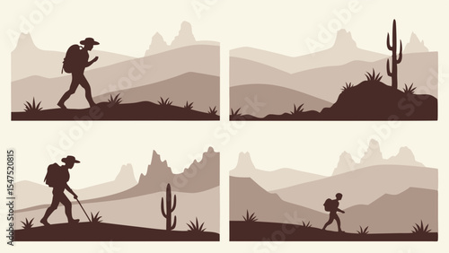 Set of hiking adventure scenes in desert landscape vector illustration silhouette style travel exploration nature journey