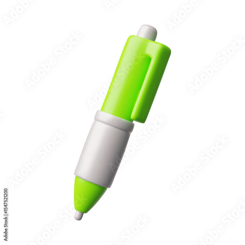 3d vector of green ballpoint pen in cartoon plastic style.