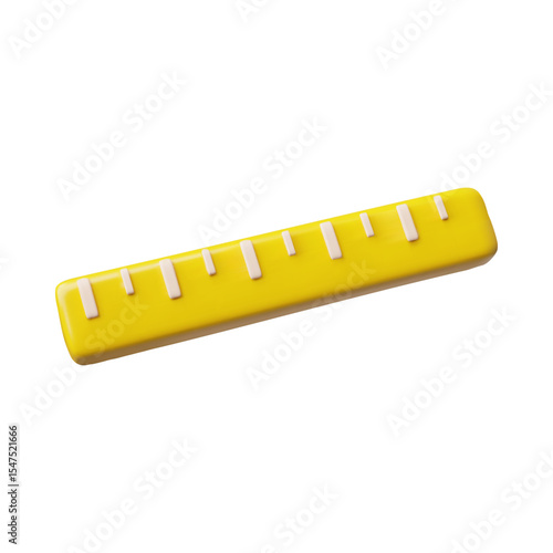 3d yellow cartoon ruler with white marks isolated on white background.