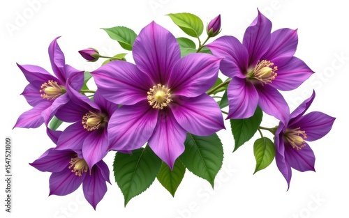 Vibrant purple flowers with green leaves in a decorative arrangement.