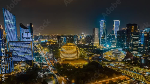 Experience the vibrant nighttime traffic and stunning skyline of Qianjiang New City in Hangzhou CBD