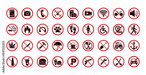 set of red forbidden sign , prohibition signs , Collection of vector icons forbidden dangerous actions: smoking, alcohol, food and drink, do not take drugs. vector illustration . 