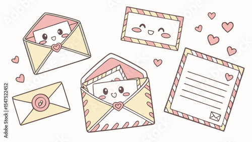 Cute Kawaii Love Letters And Envelopes With Hearts Illustration For Valentine's Day Romance And Communication