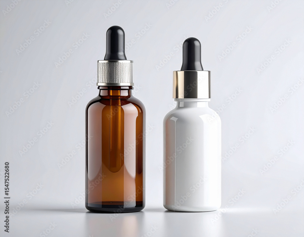 A clean, empty dropper bottle stands next to a full, new one, signifying product replenishment or start. A clean, empty dropper bottle stands next to a full, new one, signifying product replenishment or start.