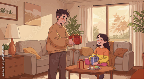 Brother giving gifts to sister during Christmas at home in winter  