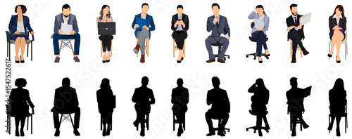 Silhouettes of business people sitting, men and women sit on armchair, office chair, front, side view. Vector illustration black on transparent background. Icons set, bundle.