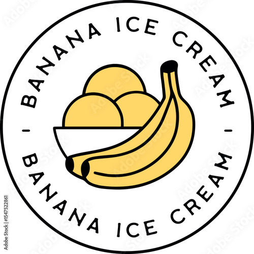 Banana ice cream flavor plant based nice dessert organic fruit aesthetic round logo circular label tag sticker. Three scoops cup healthy vegan summer minimal drawing illustration shirt design clipart.