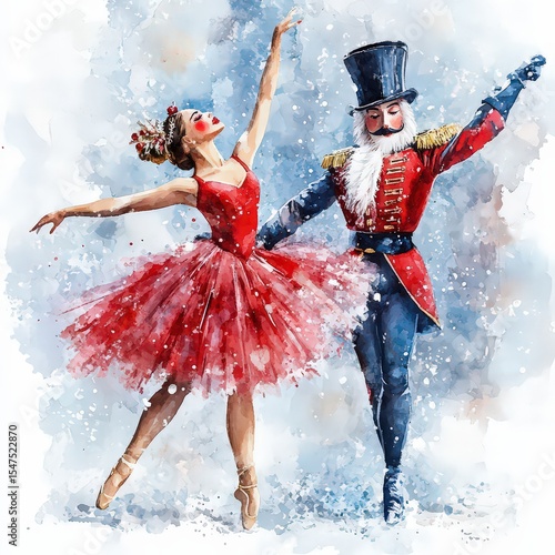 Watercolor clipart of the Nutcracker and ballerinas on a white background