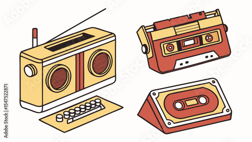 Retro Radio Cassette Player And Audio Tapes Vintage Old School Music Equipment Collection