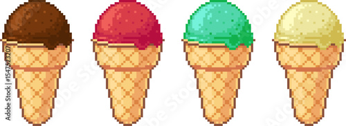 Vector pixel art set of four waffle cones with different ice cream scoops. Chocolate, strawberry, pistachio and vanilla flavors. Isolated on white background.