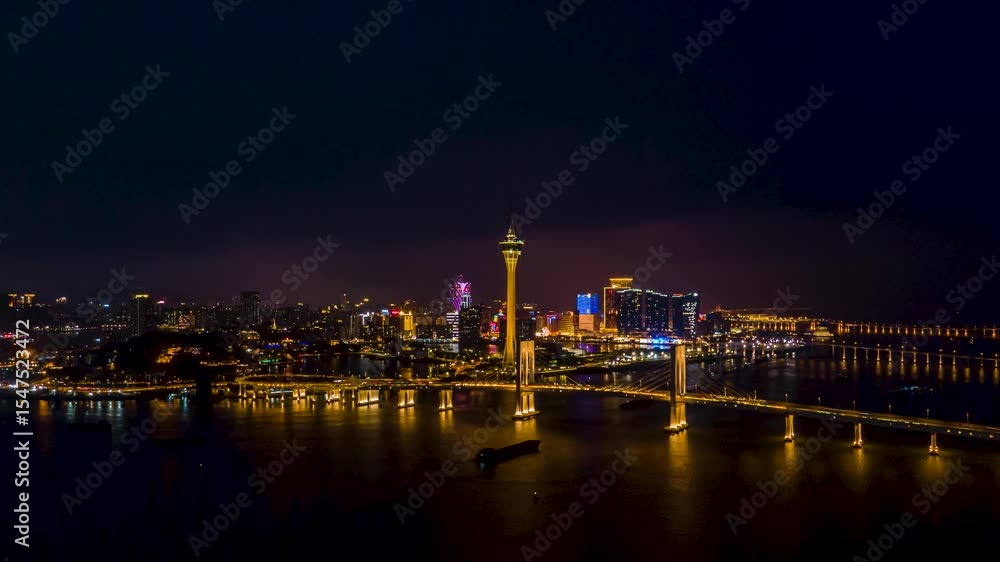 Vibrant nightscape of Macau city with stunning aerial timelapse views of illuminated skyline and landmarks Vibrant nightscape of Macau city with stunning aerial timelapse views of illuminated skyline and landmarks