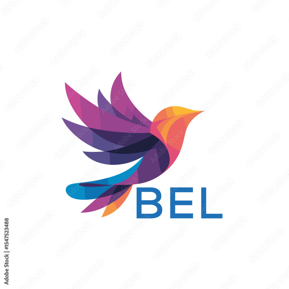 Obraz premium BEL Colorful Abstract Bird Logo Design – BEL Later Logo, Modern Geometric Flying Bird with BEL Text on White Background. 