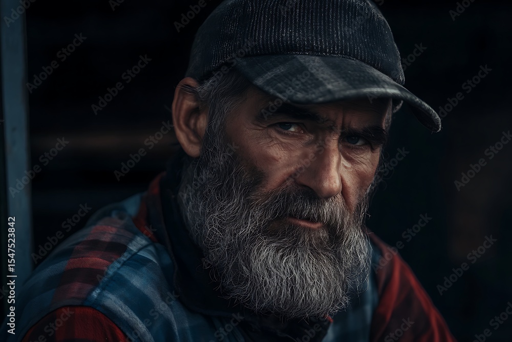 Grizzled Veteran: A portrait of a weathered man, his face etched with the stories of a life lived, his gaze intense and unwavering. His long, grey beard speaks of wisdom and resilience. Grizzled Veteran: A portrait of a weathered man, his face etched with the stories of a life lived, his gaze intense and unwavering. His long, grey beard speaks of wisdom and resilience.