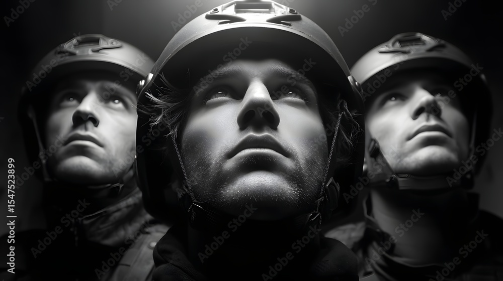 A group of serious looking military personnel in full combat gear their faces partially obscured by protective helmets suggesting a sense of discipline preparedness and commitment to their mission A group of serious looking military personnel in full combat gear their faces partially obscured by protective helmets suggesting a sense of discipline preparedness and commitment to their mission