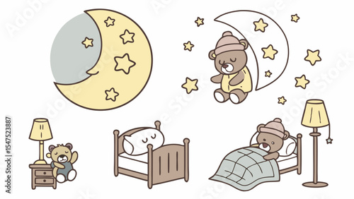 Good night sweet dreams cute teddy bear sleeping in bed moon stars simple cartoon illustration for kids