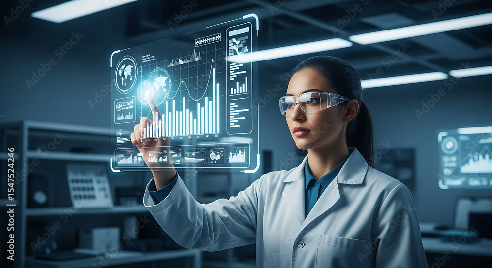 A female scientist wearing protective glasses interacts with a futuristic digital interface displaying global data analytics, charts, and statistics. A female scientist wearing protective glasses interacts with a futuristic digital interface displaying global data analytics, charts, and statistics.