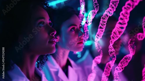 Wallpaper Mural Three women in lab coats looking at a DNA strand. One of the women is wearing a white lab coat Torontodigital.ca