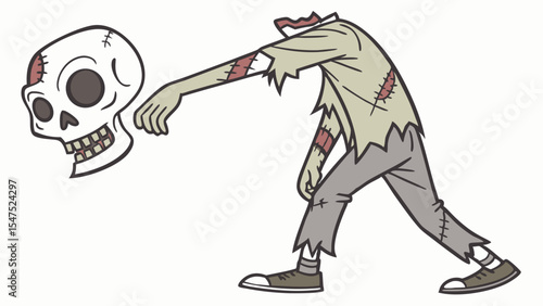 Headless cartoon zombie character holding its skull spooky Halloween horror undead monster simple flat illustration graphic design element