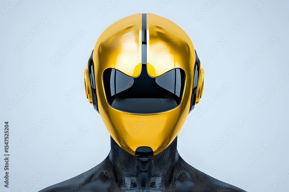 Fototapeta premium Futuristic golden robot head with black visor and sleek design against light background, showcasing advanced cybernetic technology and artificial intelligence concept.