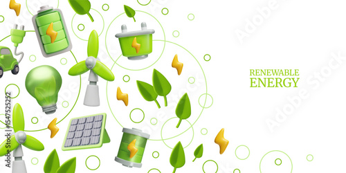 Renewable green energy 3D cartoon plastic style vector banner design, solar panel, electric car, windmill, clean power