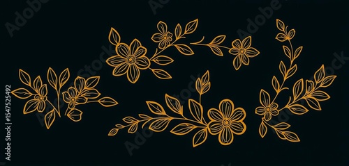 Elegant golden floral line art labels on leaf vector set ,  elegant,  golden