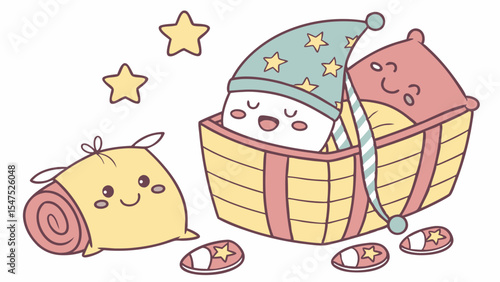 Cute happy cartoon pillows and blanket sleeping in a basket cozy bedtime illustration sweet dreams