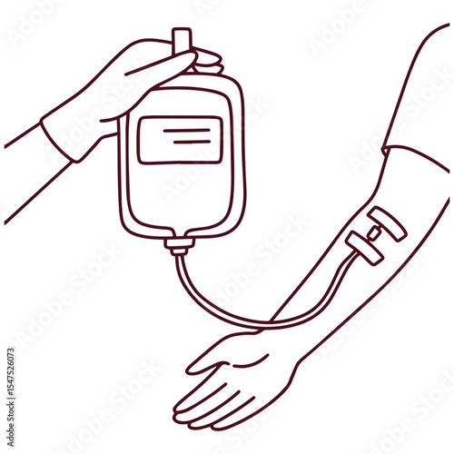 Black and white outline of a hand inserting a blood IV drip into another arm, symbolizing medical treatment, donation, or emergency care