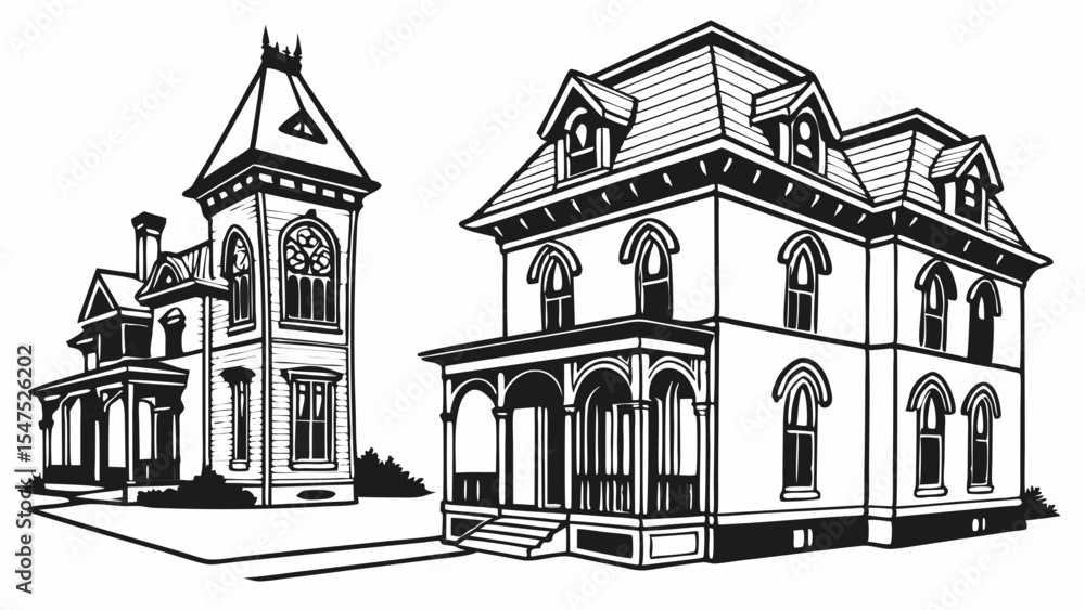 Fototapeta premium Two Victorian Houses Illustration Black and White Vintage Architecture Real Estate