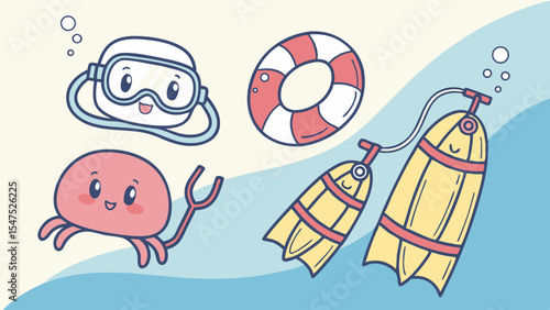 Cute cartoon underwater diving equipment lifebuoy scuba tanks and jellyfish summer vacation fun holiday leisure marine life