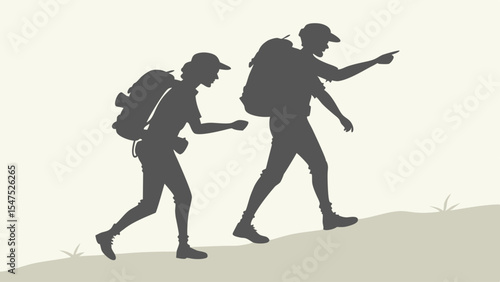 Adventure travel hiking journey silhouette two people with backpacks walking uphill pointing.