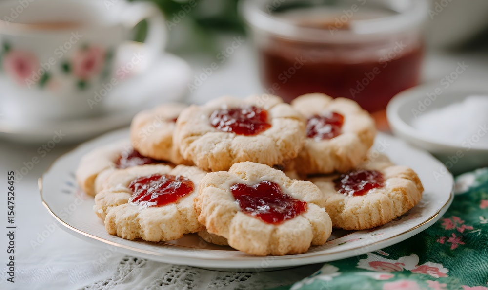 A plate of thin cookies with jam in the center, each cookie has different shapes and is shaped like flowers or circles, Generative AI A plate of thin cookies with jam in the center, each cookie has different shapes and is shaped like flowers or circles, Generative AI