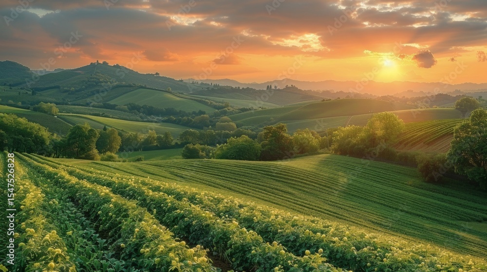 Sunset over a hilly area with green fields and forests. Useful for articles about nature, travel and ecology. Sunset over a hilly area with green fields and forests. Useful for articles about nature, travel and ecology.