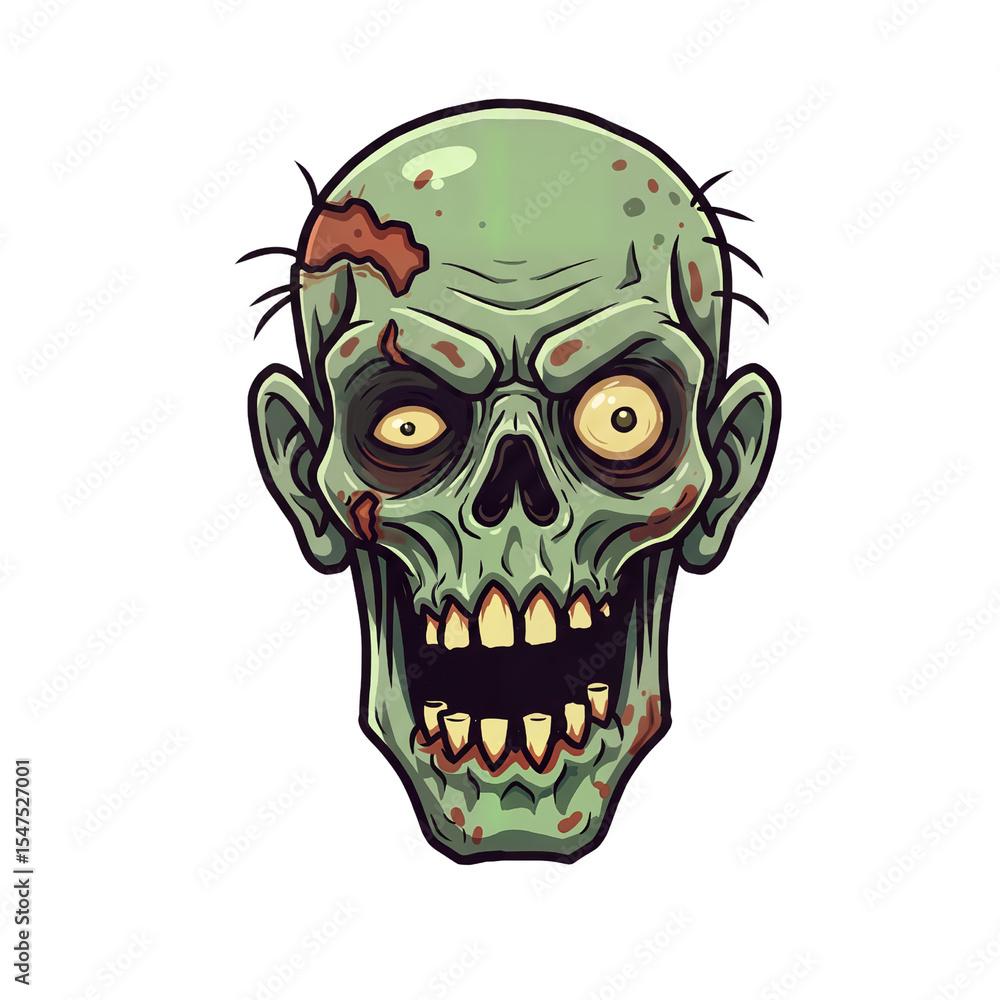 Fototapeta premium Scary zombie cartoon head for Halloween posters, game interfaces, horror flyers, and creepy comic visuals. Transparent Background, Cutout, PNG