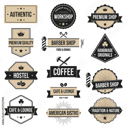 Collection of vintage style logos and emblems for various businesses and establishments design