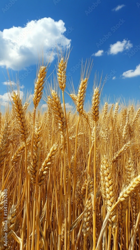 Fototapeta premium Golden ears of wheat against a blue sky with clouds, useful for agricultural themes and natural landscapes.