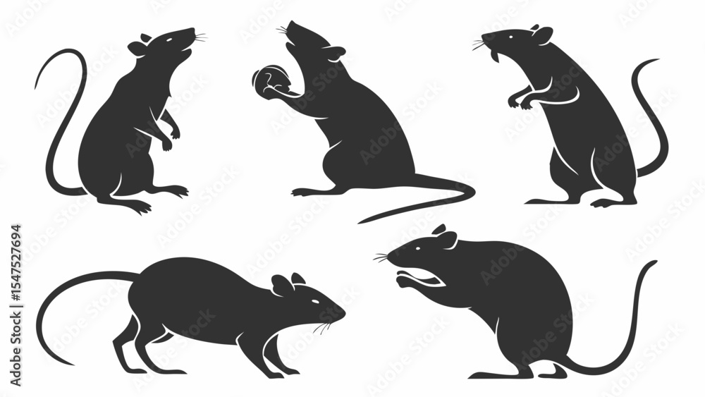 Fototapeta premium Set of black rat silhouettes standing sitting eating different poses isolated white rodent pest animal vector