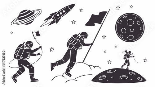 Space exploration simple black outline vector icons set astronauts rocket planets moon stars cosmos adventure discovery