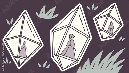 Illustrated historical women in geometric glass containers outdoors isolation concept